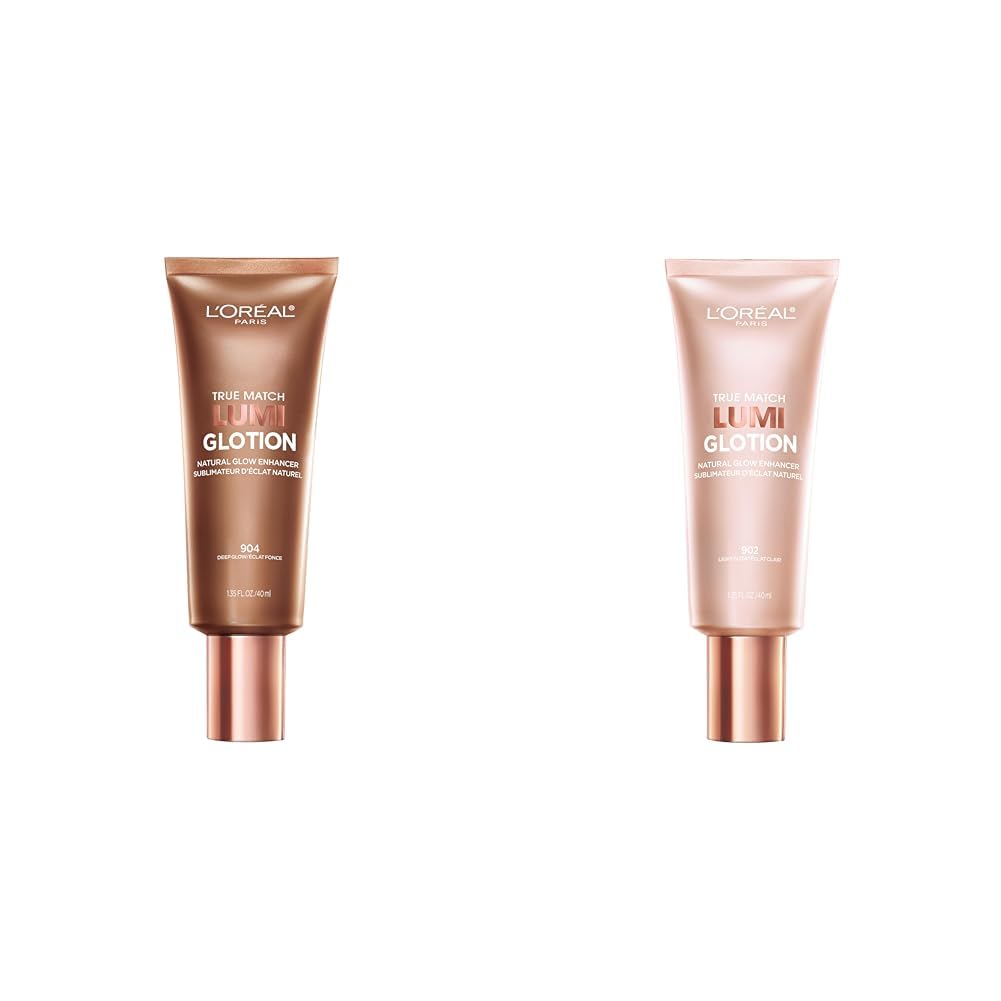L'Oreal Paris True Match Lumi Glotion in 903 Medium, featuring two tubes with bronze and pink packaging.