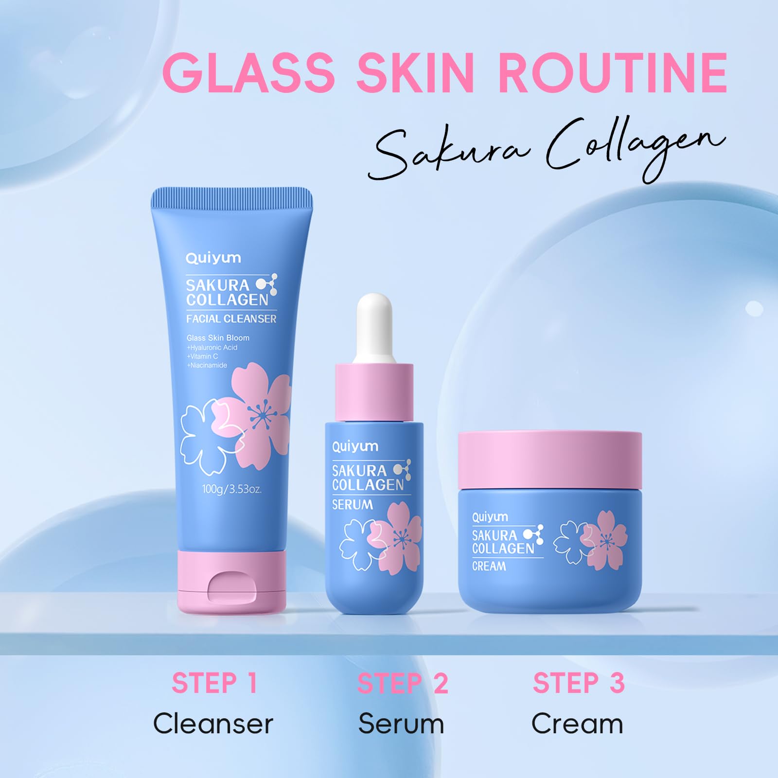 Sakura Collagen Skincare Set - 8-Piece Glass Skin Routine with Cleanser, Toner, Serum, Eye Cream, Moisturizer | Hydration, Firm, Glow for All Skin Types, Skin Care Gift Sets, for Mother's day