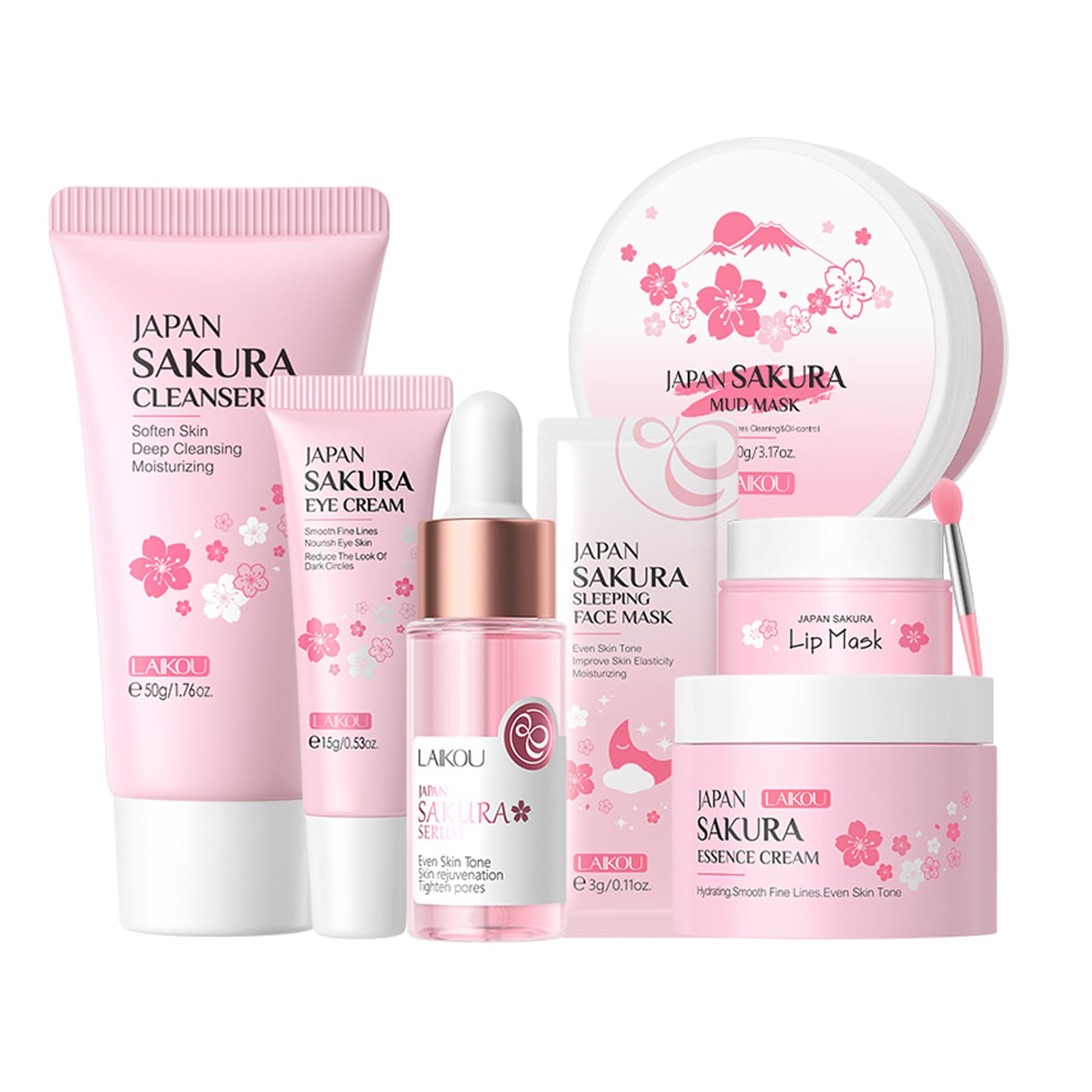 Skin Care Set Sakura Women Beauty Gift Sets Korean Skin Care Kit- Cleanser,Serum,Face Cream,Toner,Eye Cream,Mud Mask-Skin Care Routine Kit (One Size, Cherry Blossom-StyleA-Bae Moisturizing)
