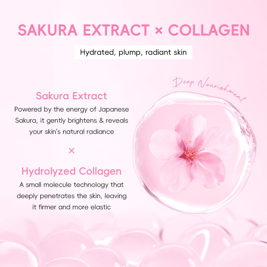 Sakura Collagen Skincare Set - 8-Piece Glass Skin Routine with Cleanser, Toner, Serum, Eye Cream, Moisturizer | Hydration, Firm, Glow for All Skin Types, Skin Care Gift Sets, for Mother's day