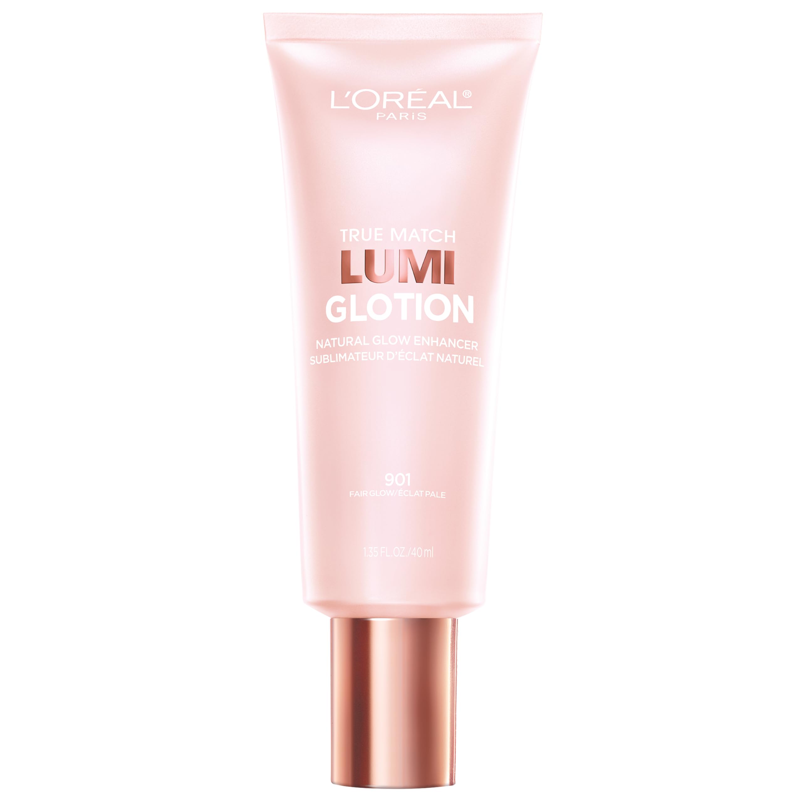 L'Oreal Paris True Match Lumi Glotion in a pink tube, labeled 903 Medium, with a rose gold cap for a sun-kissed glow.