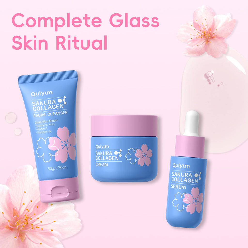 Sakura Collagen Skincare Set - 8-Piece Glass Skin Routine with Cleanser, Toner, Serum, Eye Cream, Moisturizer | Hydration, Firm, Glow for All Skin Types, Skin Care Gift Sets, for Mother's day