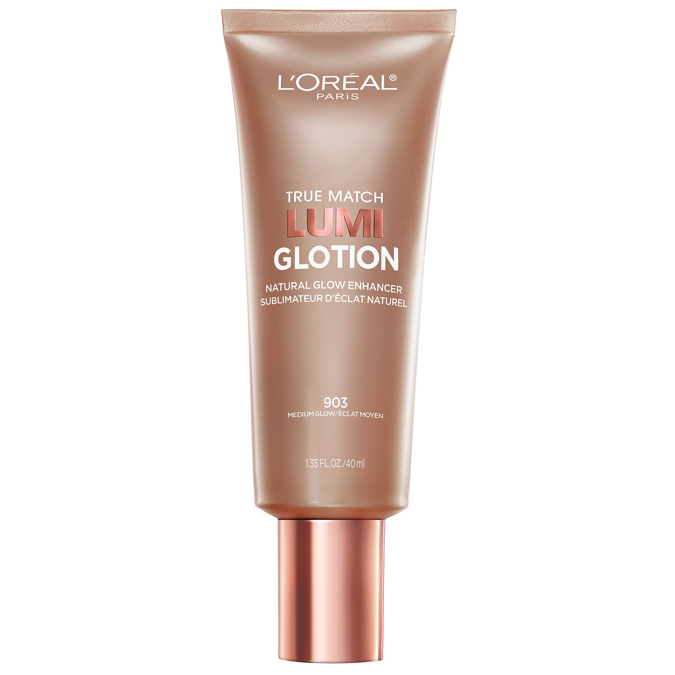 L'Oreal Paris True Match Lumi Glotion in 903 Medium, a bronzing drop with a metallic rose gold cap and beige tube.
