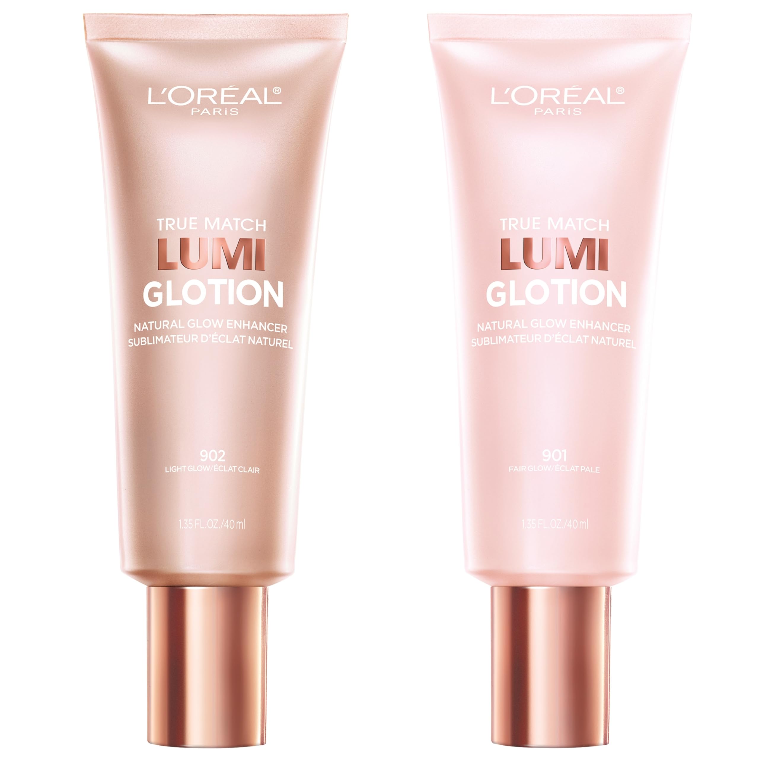 L'Oreal Paris True Match Lumi Glotion in 903 Medium, featuring a tube with a rose gold cap and a natural glow formula.
