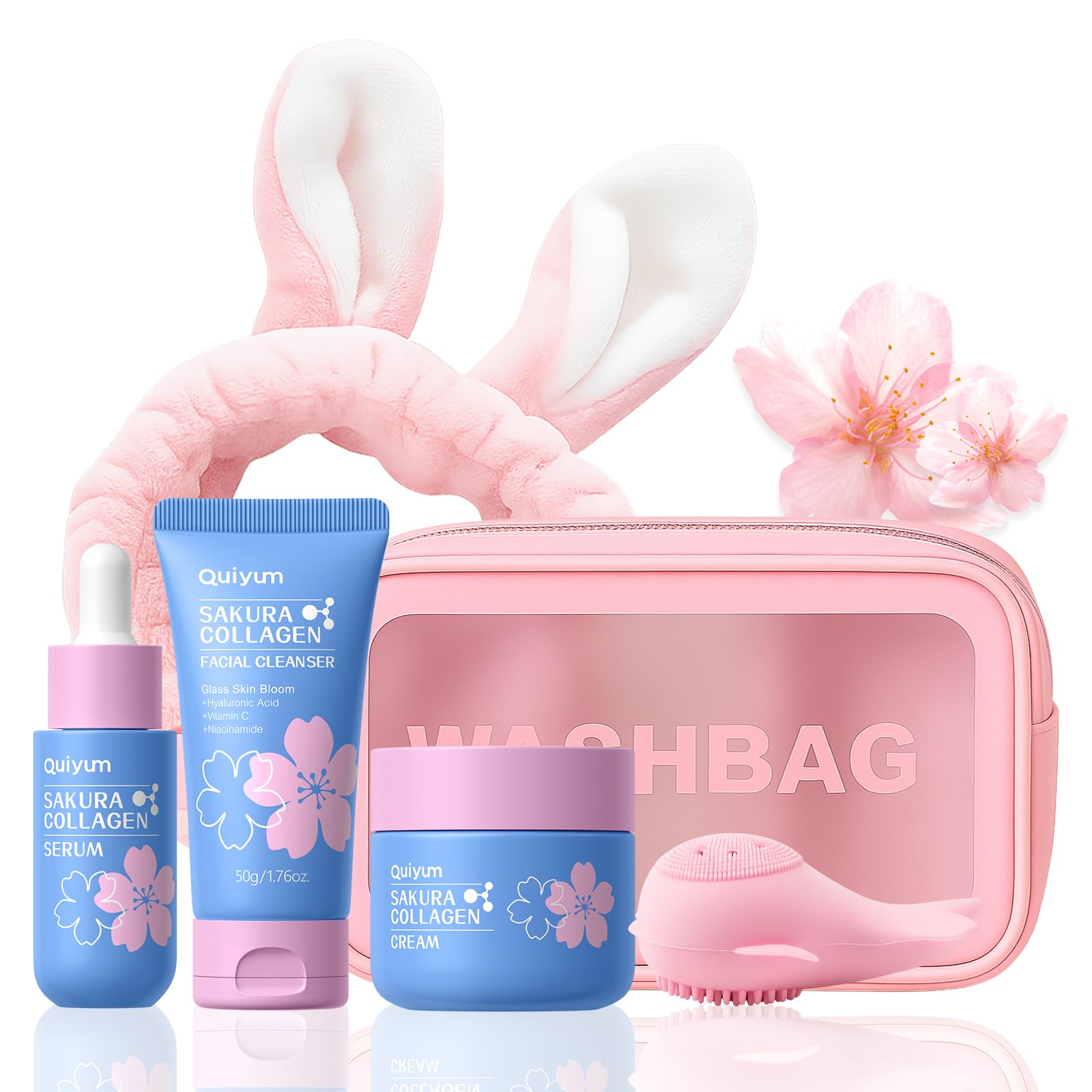 Sakura Collagen Skincare Set - 8-Piece Glass Skin Routine with Cleanser, Toner, Serum, Eye Cream, Moisturizer | Hydration, Firm, Glow for All Skin Types, Skin Care Gift Sets, for Mother's day
