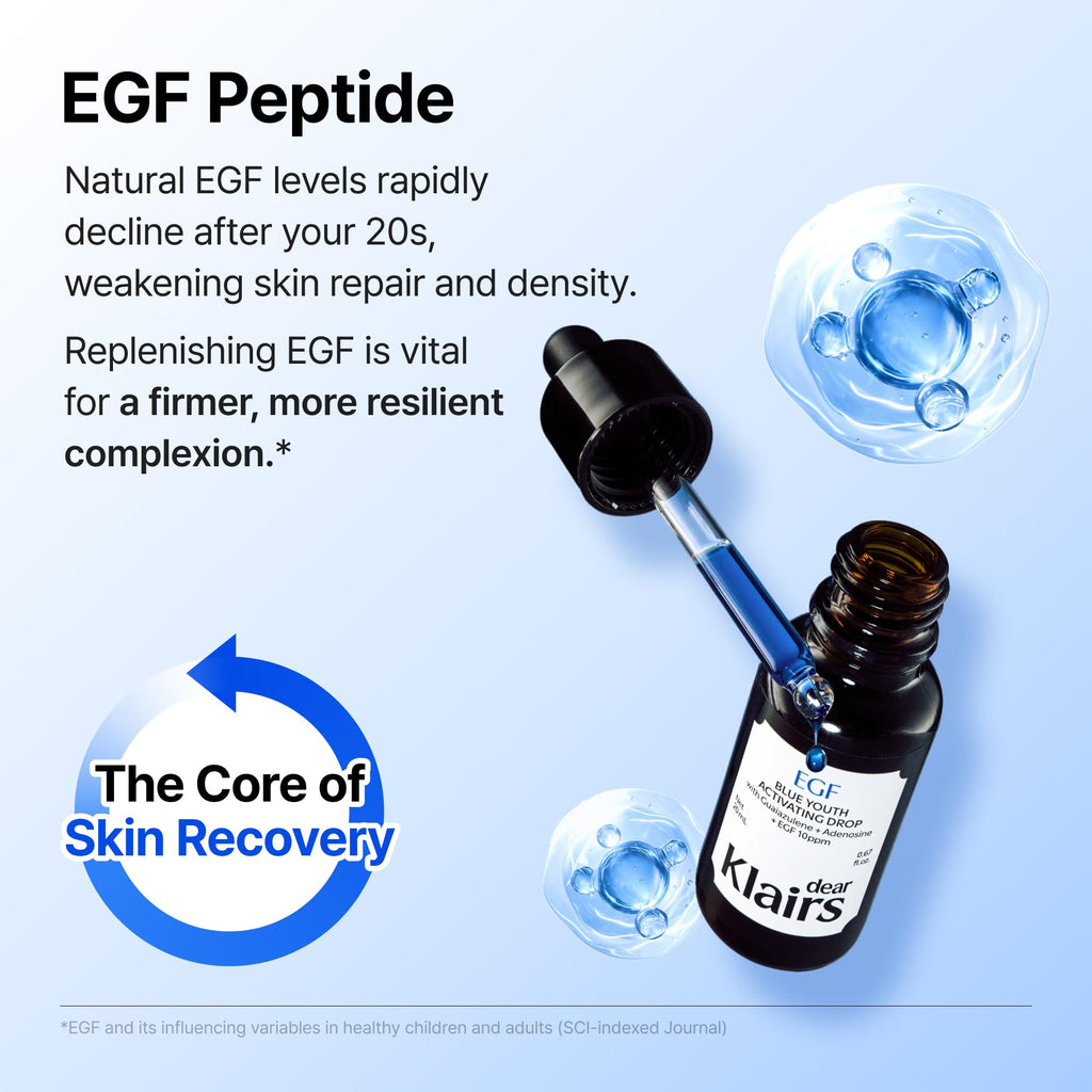 Dear Klairs Korean EGF Serum – Blue Youth Activating Drop with EGF Peptides and Guaiazulene, Repairing Serum for Redness and Blemish-prone Skin, Visibly Fades Post-Blemish Marks, 1.69 Fl Oz