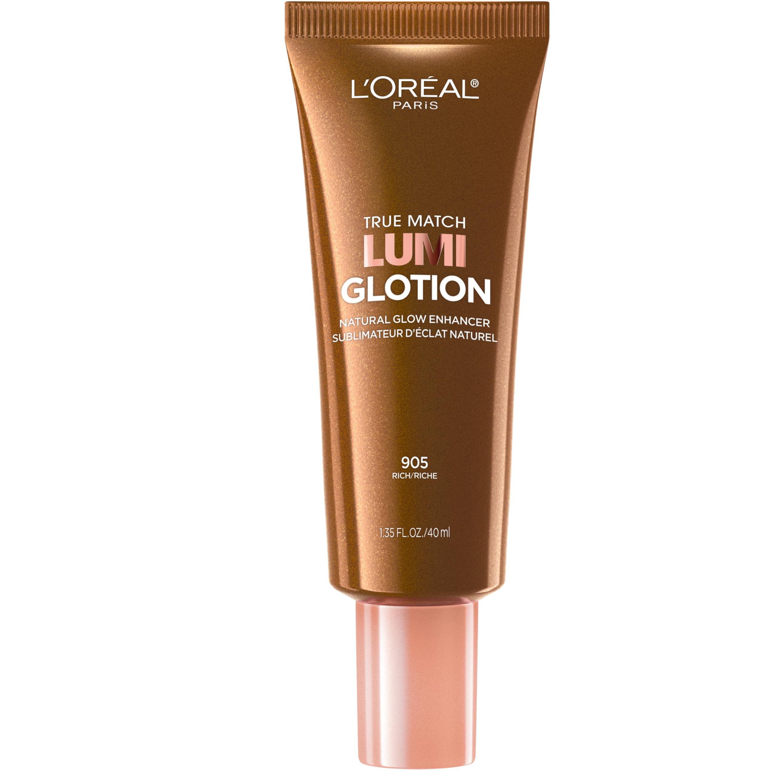 L'Oreal Paris True Match Lumi Glotion in 903 Medium, a bronzing drop with a metallic bronze tube and pink applicator.