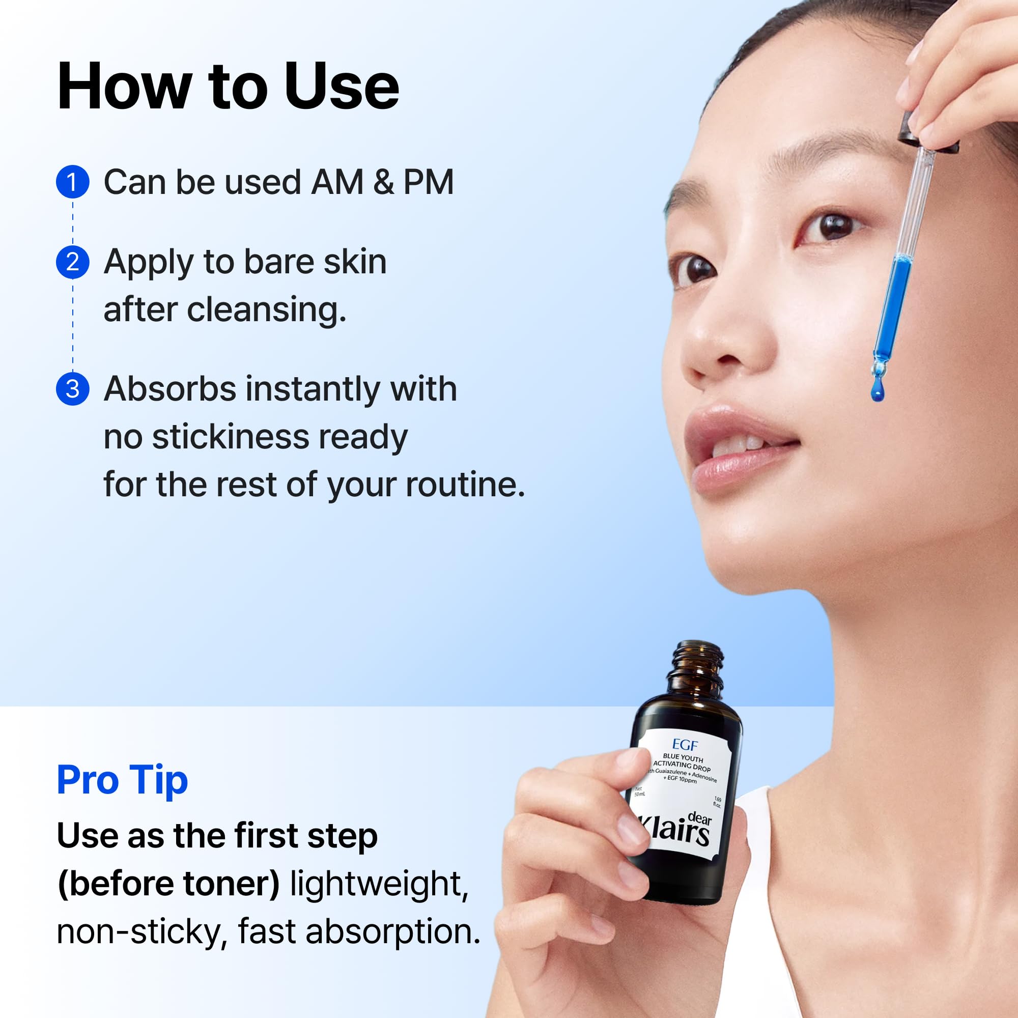 Dear Klairs Korean EGF Serum – Blue Youth Activating Drop with EGF Peptides and Guaiazulene, Repairing Serum for Redness and Blemish-prone Skin, Visibly Fades Post-Blemish Marks, 1.69 Fl Oz