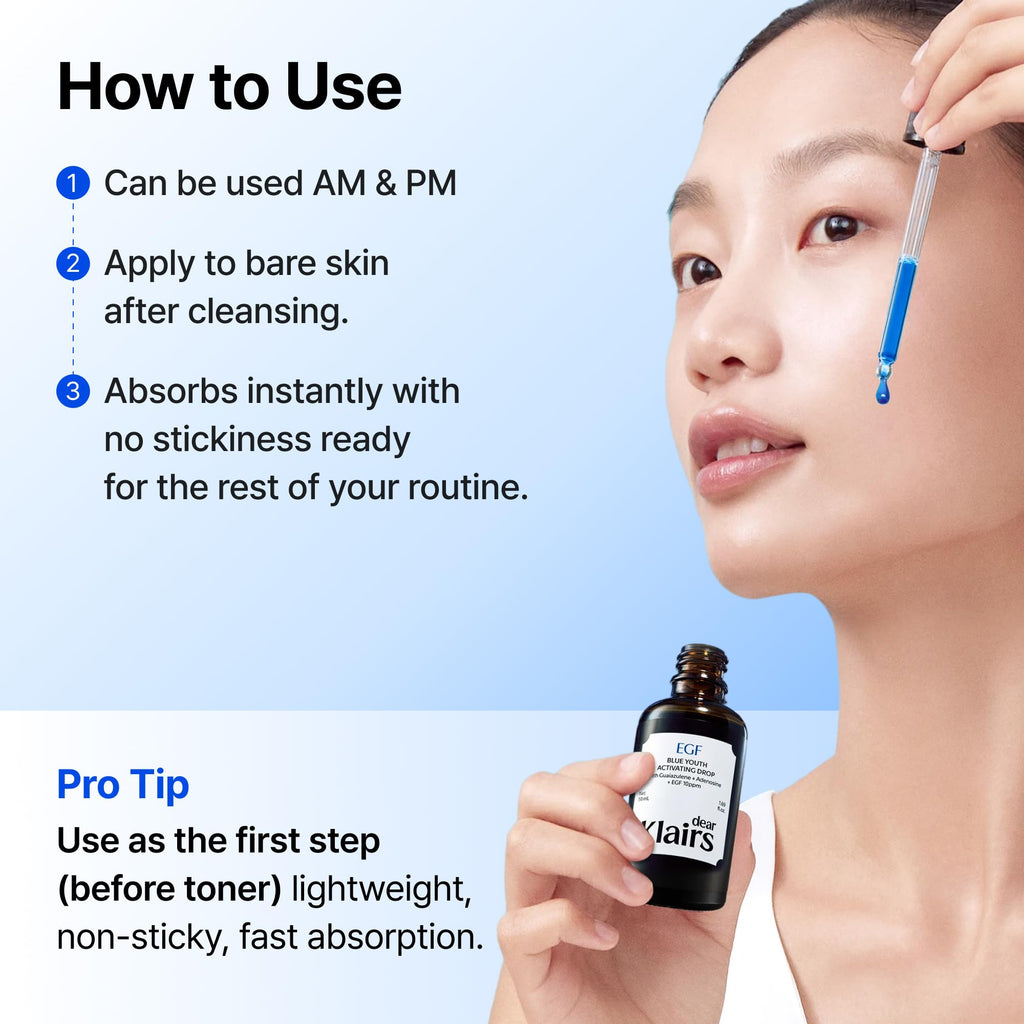 Dear Klairs Korean EGF Serum – Blue Youth Activating Drop with EGF Peptides and Guaiazulene, Repairing Serum for Redness and Blemish-prone Skin, Visibly Fades Post-Blemish Marks, 1.69 Fl Oz