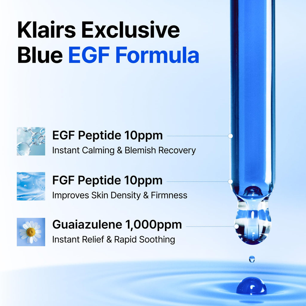 Dear Klairs Korean EGF Serum – Blue Youth Activating Drop with EGF Peptides and Guaiazulene, Repairing Serum for Redness and Blemish-prone Skin, Visibly Fades Post-Blemish Marks, 1.69 Fl Oz