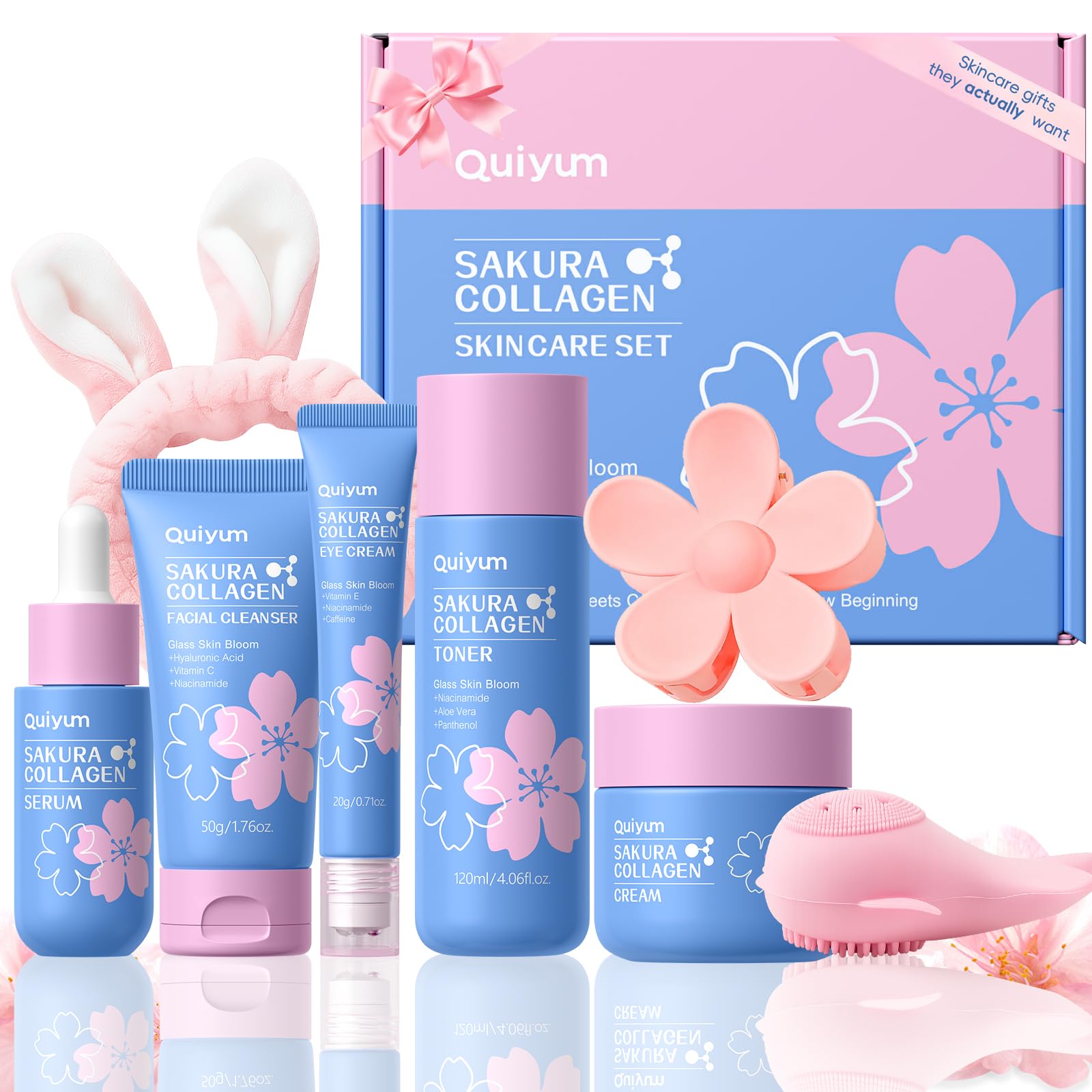 Sakura Collagen Skincare Set - 8-Piece Glass Skin Routine with Cleanser, Toner, Serum, Eye Cream, Moisturizer | Hydration, Firm, Glow for All Skin Types, Skin Care Gift Sets, for Mother's day