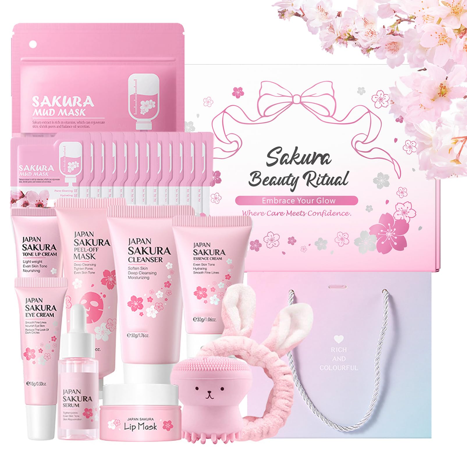 Skin Care Set Sakura Women Beauty Gift Sets Korean Skin Care Kit- Cleanser,Serum,Face Cream,Toner,Eye Cream,Mud Mask-Skin Care Routine Kit (One Size, Cherry Blossom-StyleA-Bae Moisturizing)