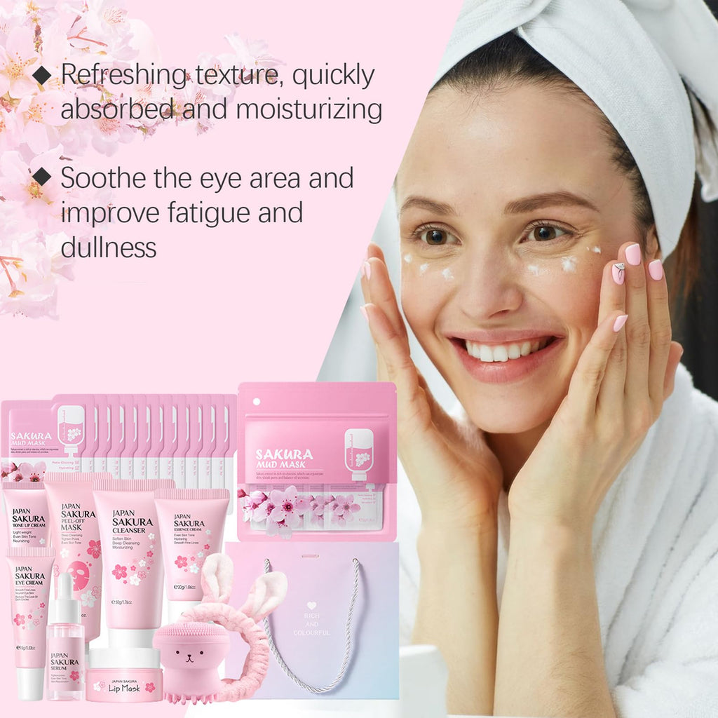 Skin Care Set Sakura Women Beauty Gift Sets Korean Skin Care Kit- Cleanser,Serum,Face Cream,Toner,Eye Cream,Mud Mask-Skin Care Routine Kit (One Size, Cherry Blossom-StyleA-Bae Moisturizing)