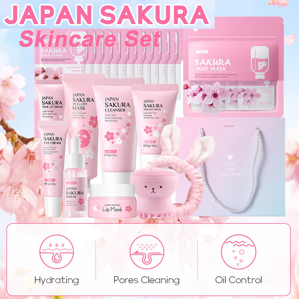 Skin Care Set Sakura Women Beauty Gift Sets Korean Skin Care Kit- Cleanser,Serum,Face Cream,Toner,Eye Cream,Mud Mask-Skin Care Routine Kit (One Size, Cherry Blossom-StyleA-Bae Moisturizing)