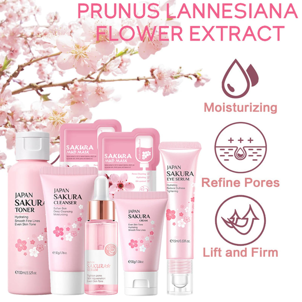 Skin Care Set Sakura Women Beauty Gift Sets Korean Skin Care Kit- Cleanser,Serum,Face Cream,Toner,Eye Cream,Mud Mask-Skin Care Routine Kit (One Size, Cherry Blossom-StyleA-Bae Moisturizing)
