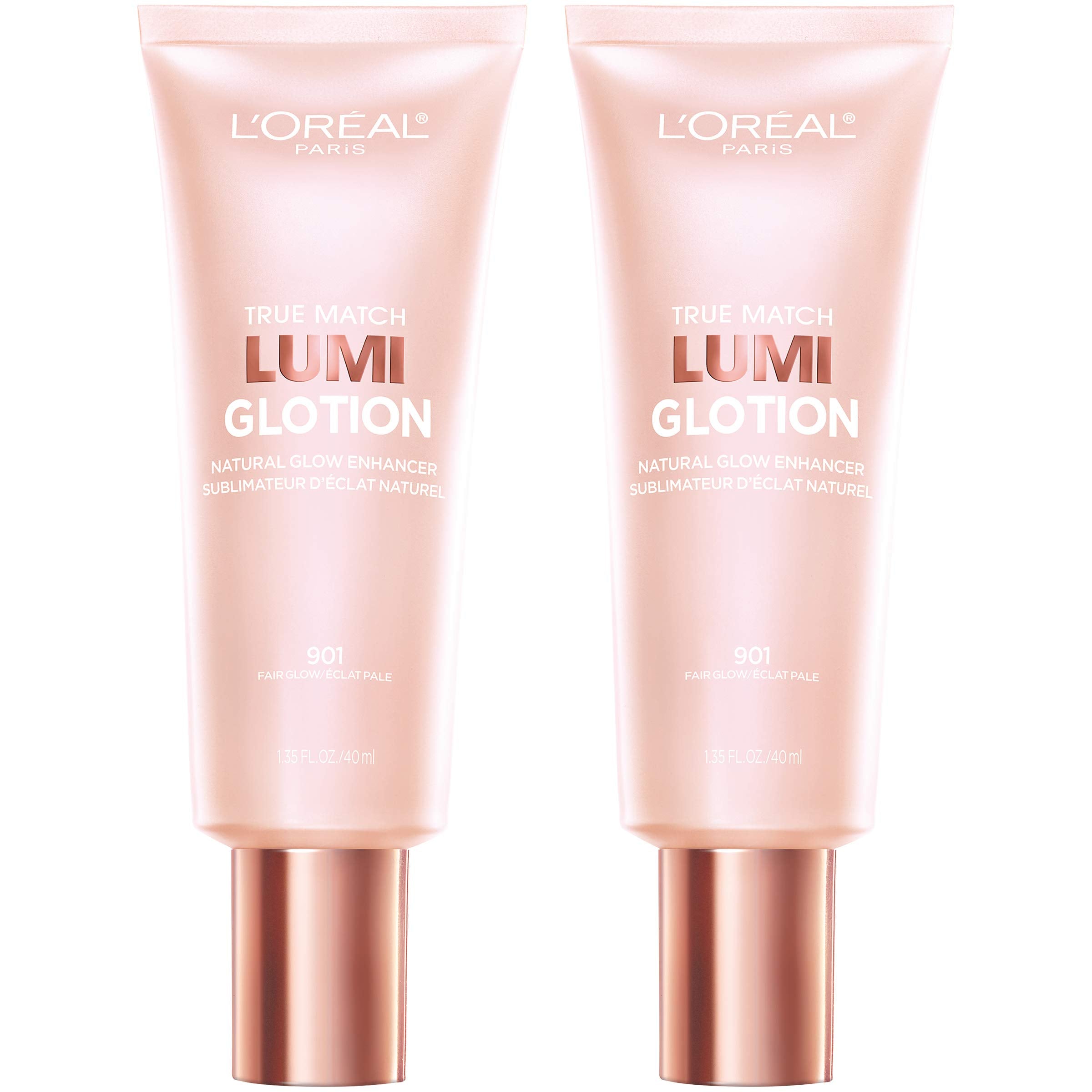 L'Oreal Paris True Match Lumi Glotion in 903 Medium, two tubes with a soft pink design and bronze caps.