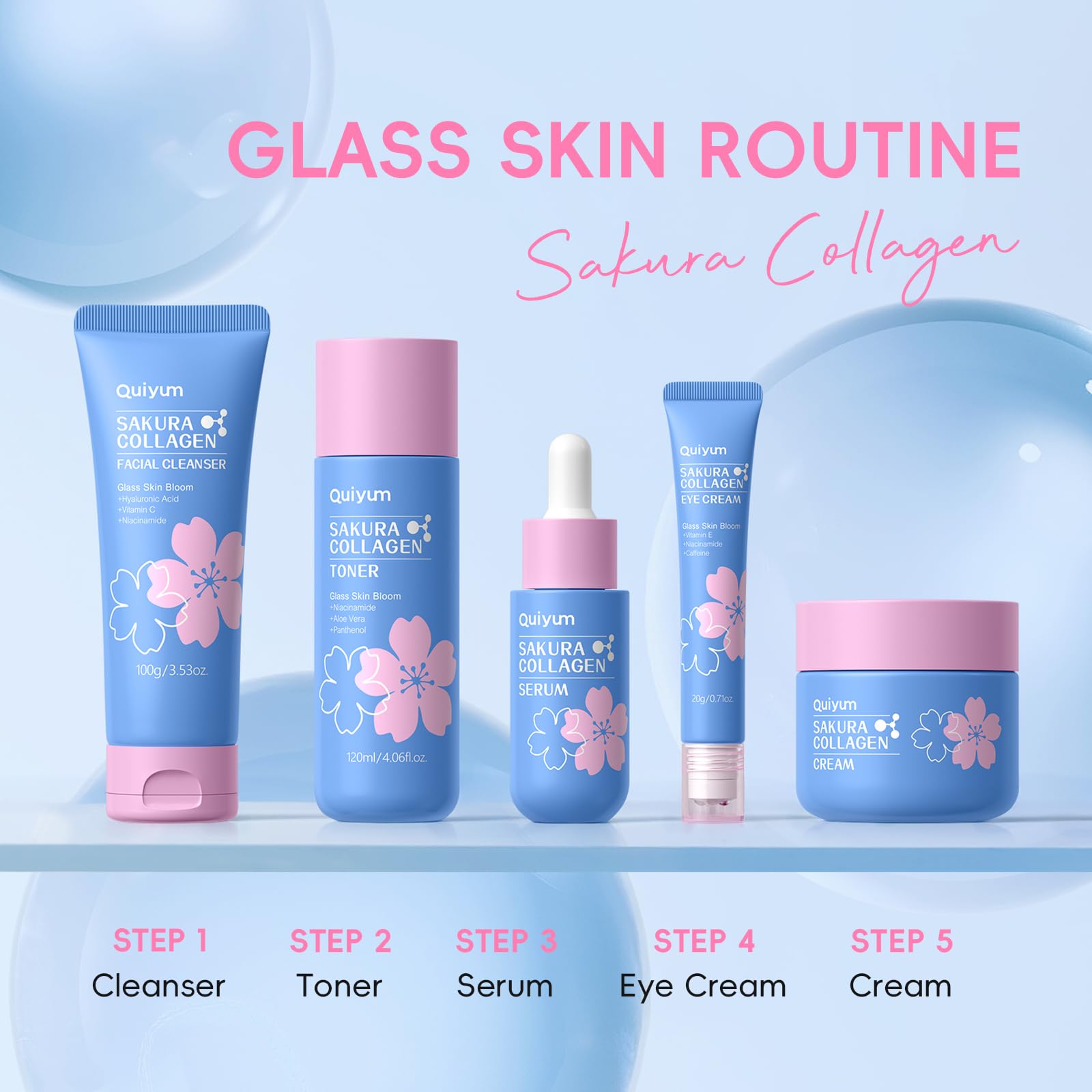 Sakura Collagen Skincare Set - 8-Piece Glass Skin Routine with Cleanser, Toner, Serum, Eye Cream, Moisturizer | Hydration, Firm, Glow for All Skin Types, Skin Care Gift Sets, for Mother's day