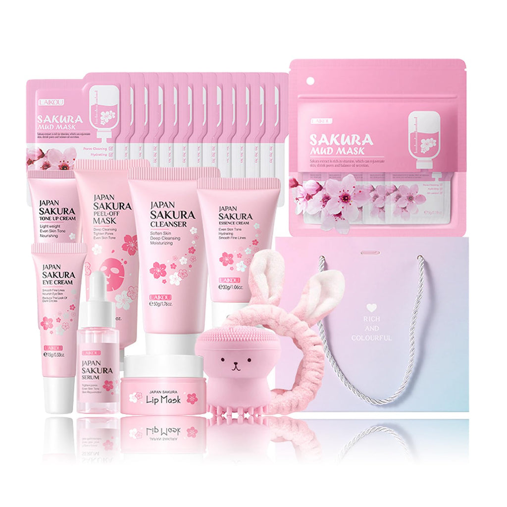 Skin Care Set Sakura Women Beauty Gift Sets Korean Skin Care Kit- Cleanser,Serum,Face Cream,Toner,Eye Cream,Mud Mask-Skin Care Routine Kit (One Size, Cherry Blossom-StyleA-Bae Moisturizing)