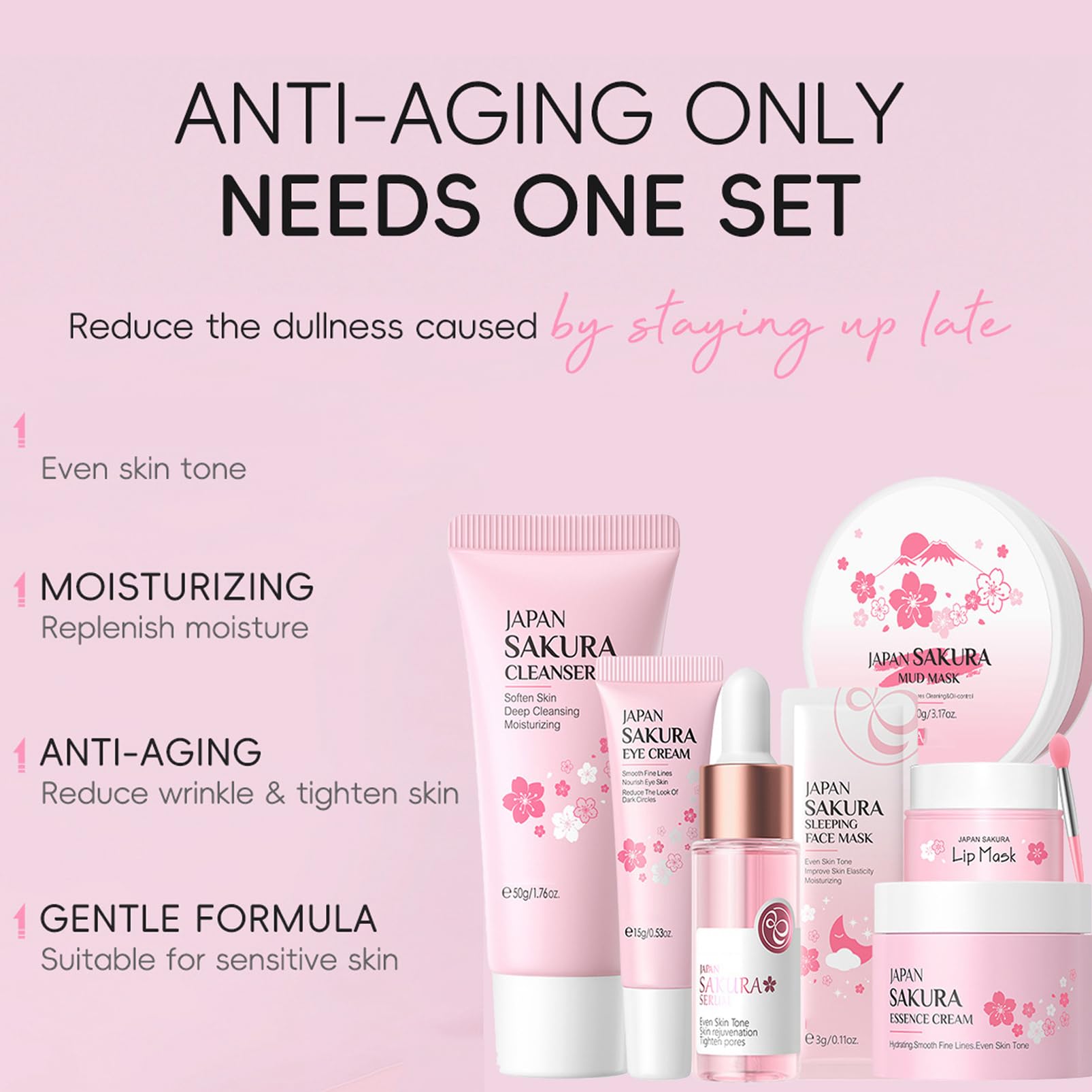 Skin Care Set Sakura Women Beauty Gift Sets Korean Skin Care Kit- Cleanser,Serum,Face Cream,Toner,Eye Cream,Mud Mask-Skin Care Routine Kit (One Size, Cherry Blossom-StyleA-Bae Moisturizing)