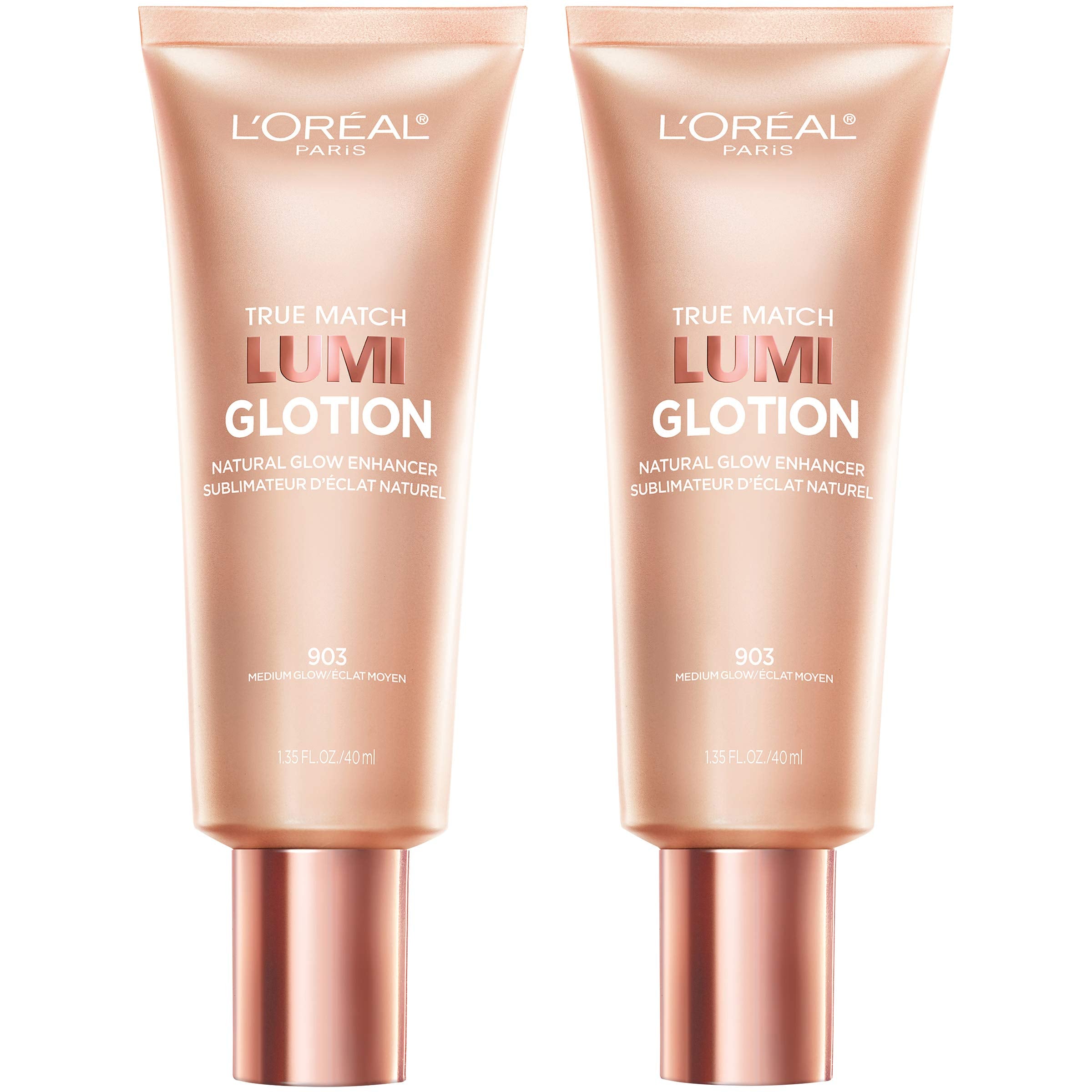 L'Oreal Paris True Match Lumi Glotion in two tubes, 903 Medium, with a metallic rose gold finish and bronzing drops.