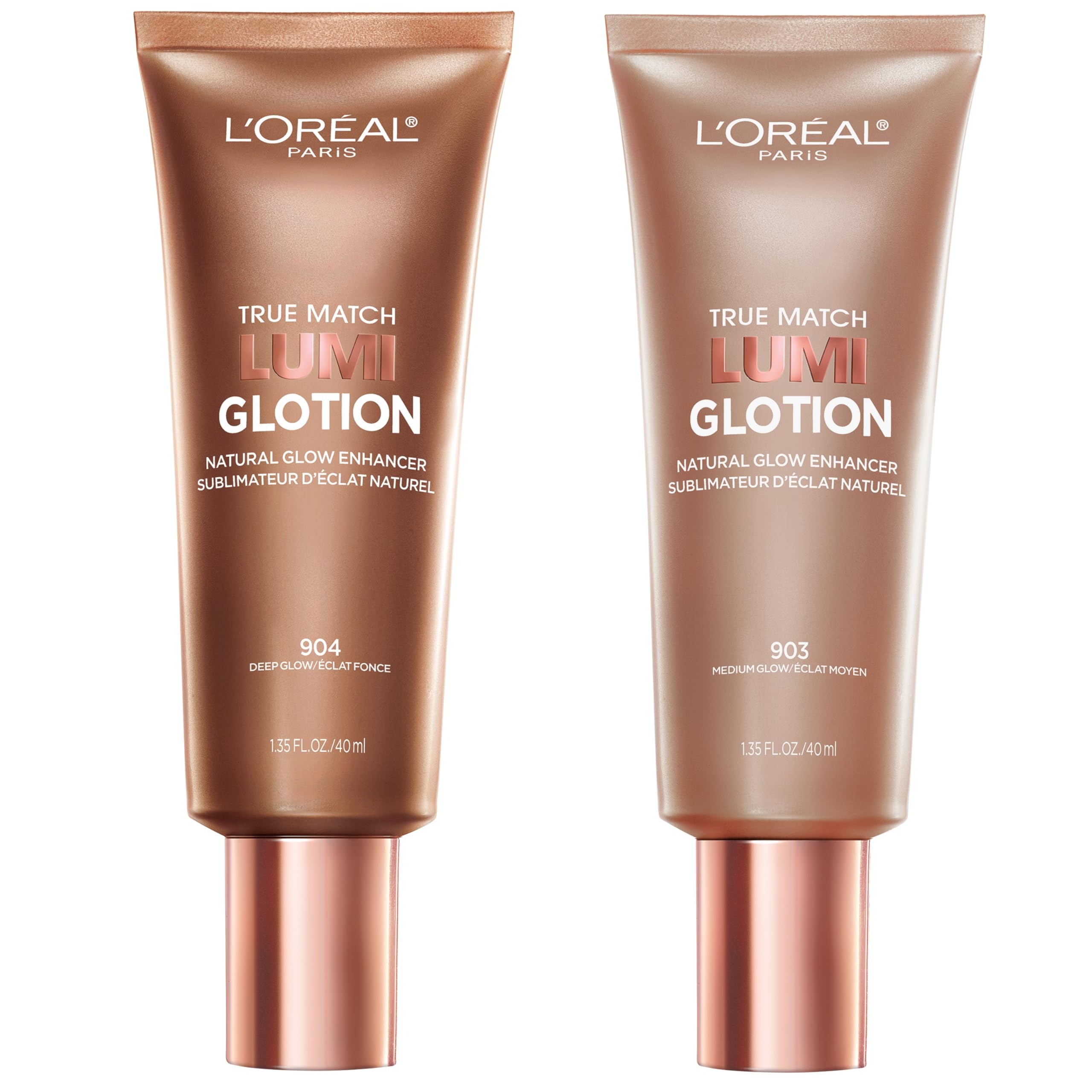 L'Oreal Paris True Match Lumi Glotion in 903 Medium and 904 Deep glow enhancers, featuring bronze tubes with labels.