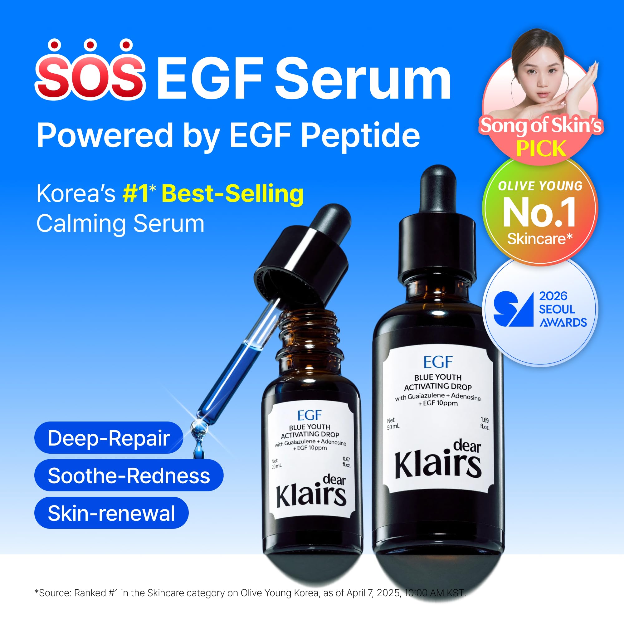 Dear Klairs Korean EGF Serum – Blue Youth Activating Drop with EGF Peptides and Guaiazulene, Repairing Serum for Redness and Blemish-prone Skin, Visibly Fades Post-Blemish Marks, 1.69 Fl Oz