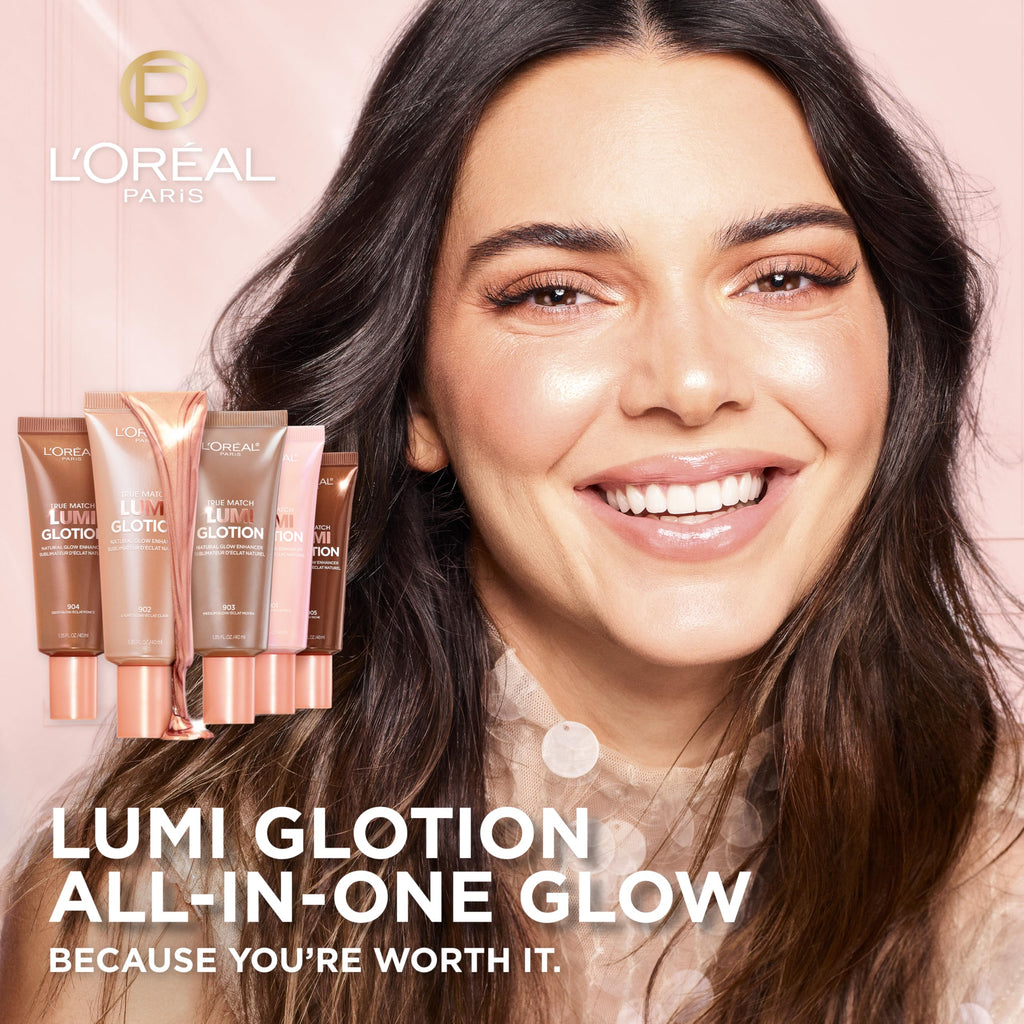 L'Oreal Paris True Match Lumi Glotion in 903 Medium, showcasing bronzing drops and a model with a radiant glow.