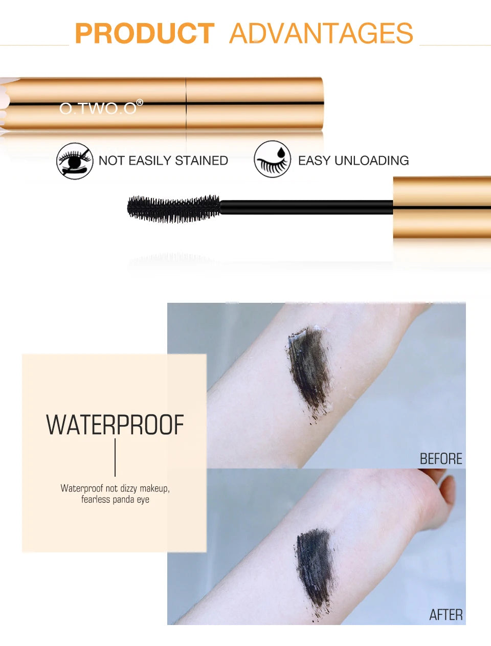 O.TWO.O 3D Mascara product advantages: not easily stained, easy unloading, and waterproof