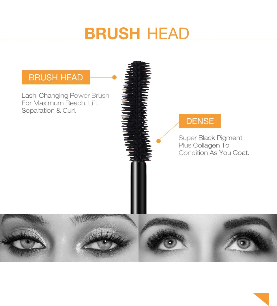 O.TWO.O 3D Mascara brush head and dense formula with three examples of eyes with long lashes