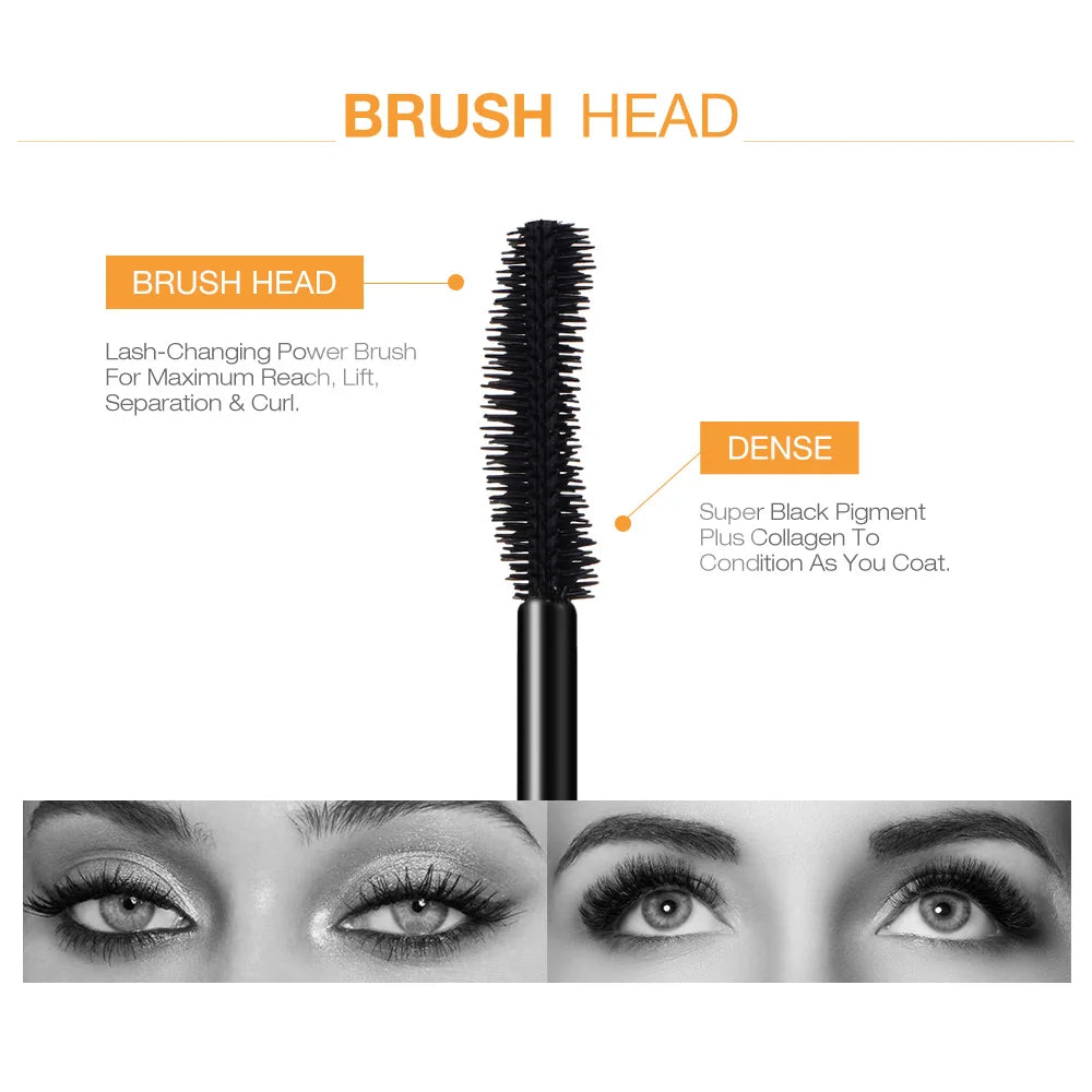 O.TWO.O 3D Mascara brush head and dense black pigment with collagen. Eyes with long, curled lashes