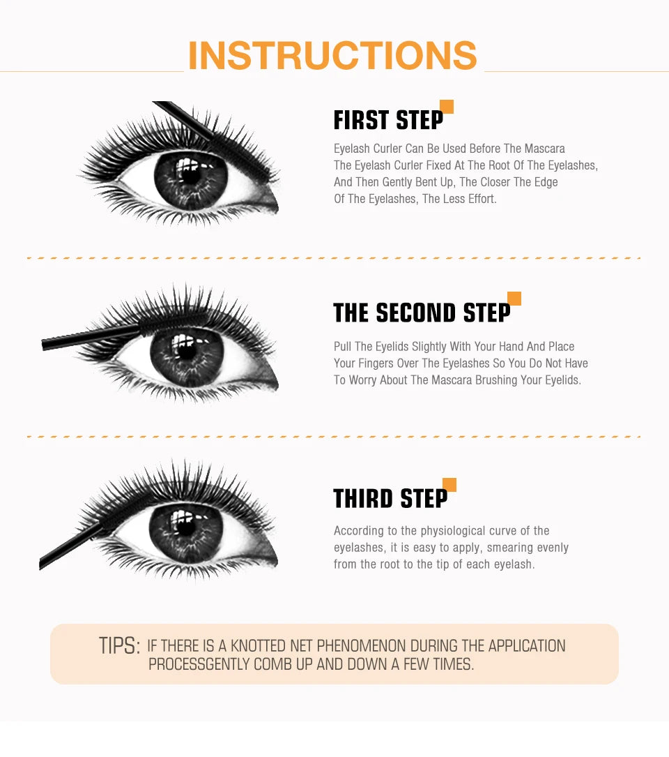 Instructions for applying O.TWO.O 3D Mascara, showing three steps of application to an eye