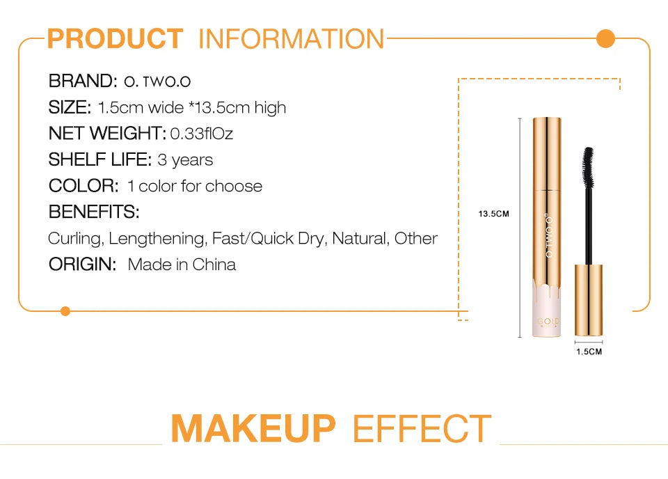 O.TWO.O 3D Mascara product information with dimensions 1.5cm wide and 13.5cm high