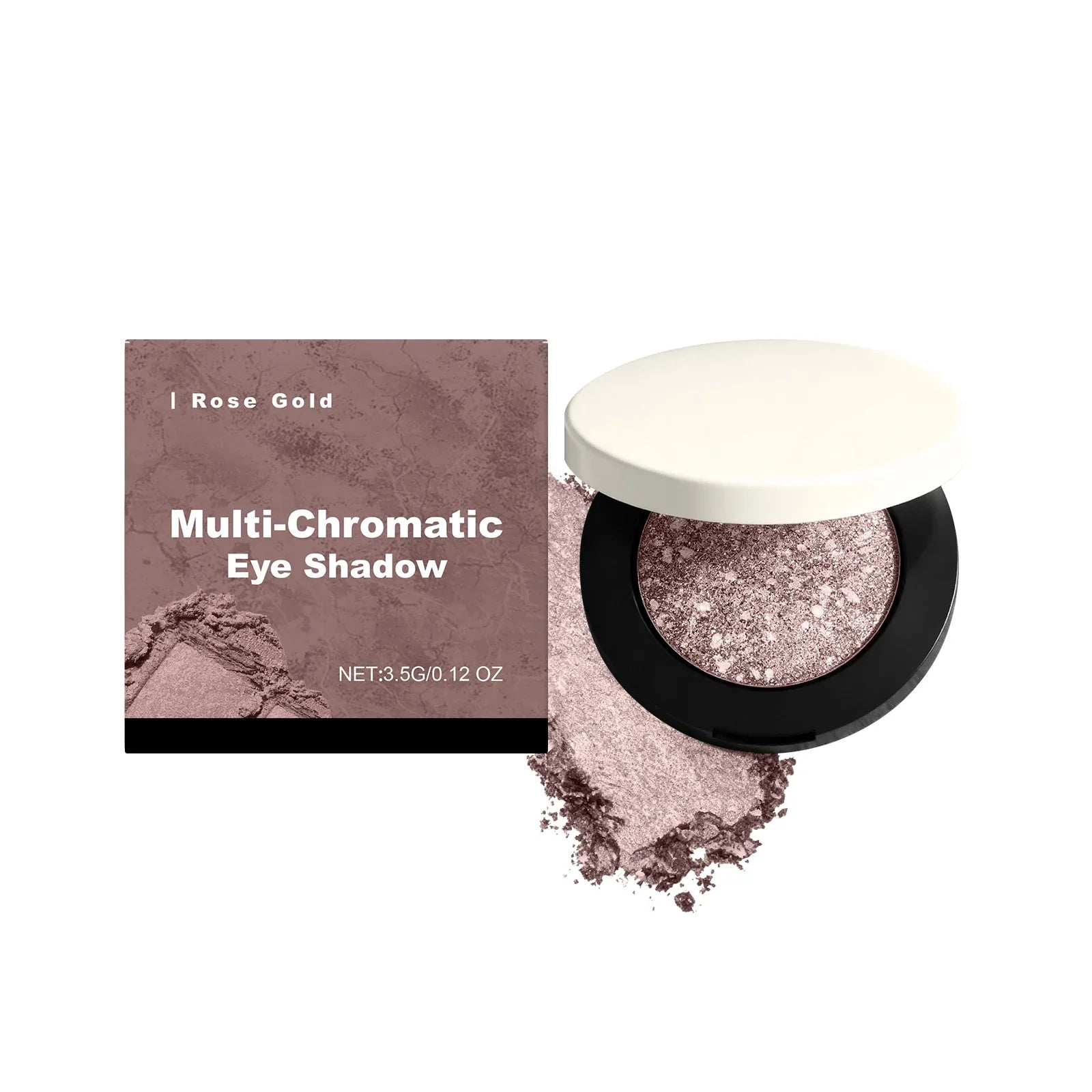 Shining eye shadow palette featuring matte and shimmer shades in rose gold, with a compact and loose powder.