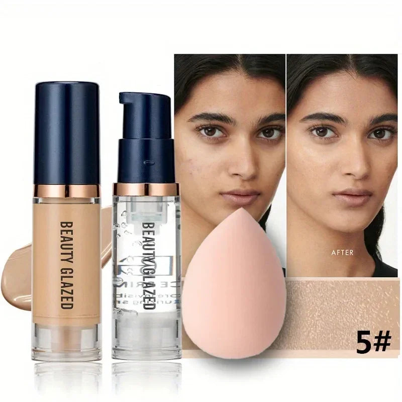 Beauty Glazed 3-Piece Makeup Set – Matte Liquid Foundation, Primer & Puff