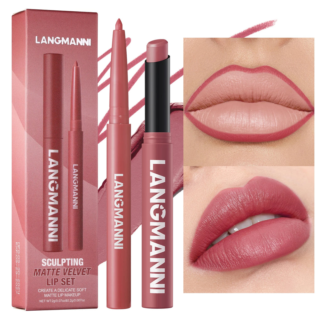 Integrated Waterproof Lipliner and Lipstick Set in a box, with a lipliner and lipstick next to it