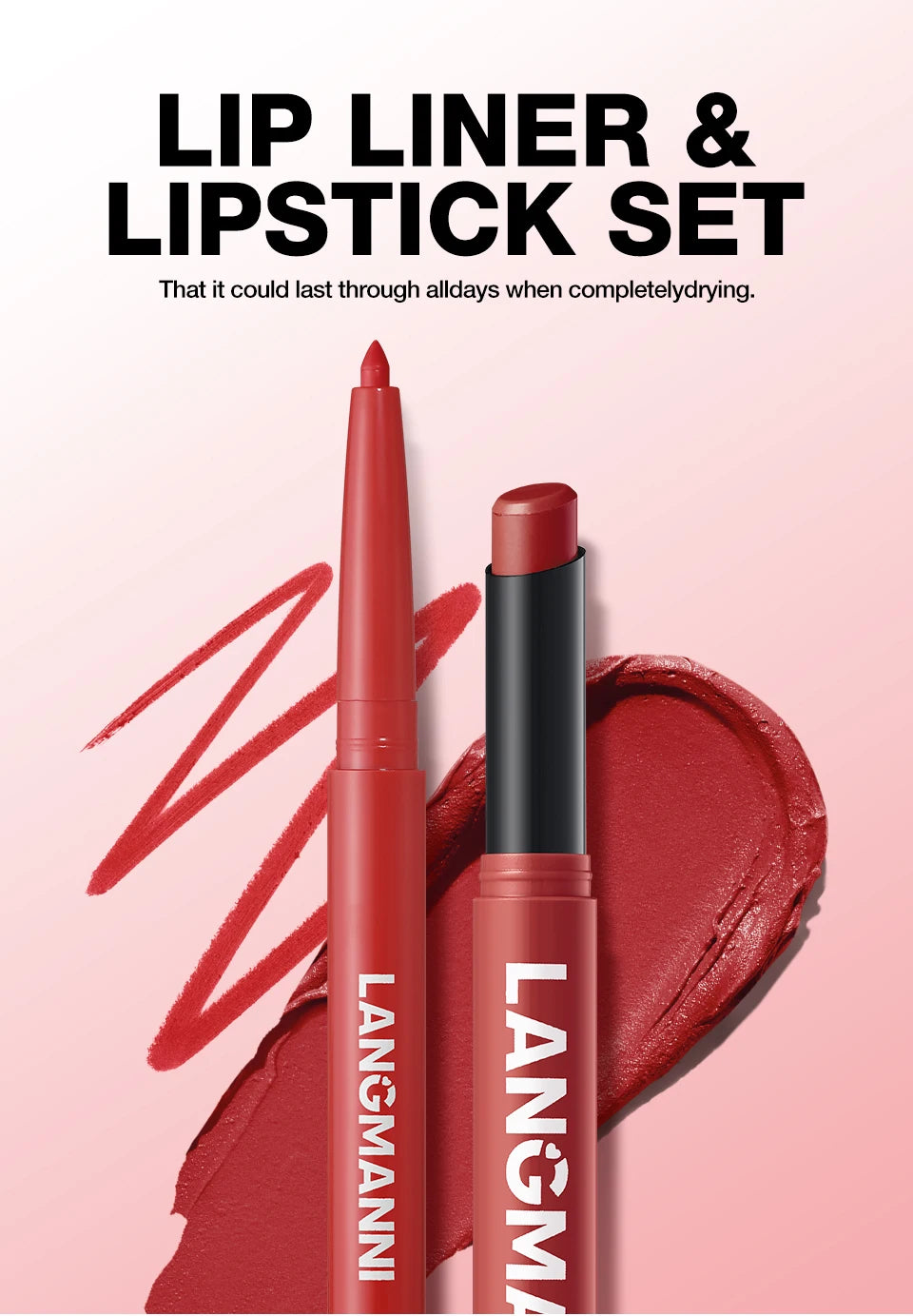 Integrated Waterproof Lipliner and Lipstick Set in red, with a red lip liner and a red lipstick