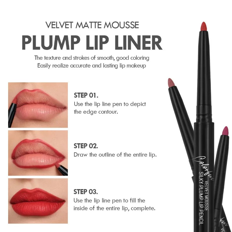 Waterproof matte lipliner pencil in red tint, showcasing application steps and smooth lip color results.