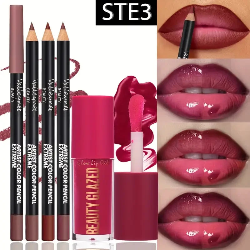 4pcs Lip Kit Set with 3 lip liners and 1 lip glaze, showing matte and glossy effects on lips