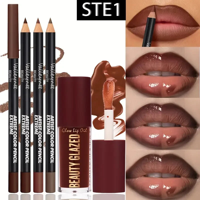 4pcs Lip Kit Set with 3 lip liners and 1 lip glaze, shown with application steps and glossy finish