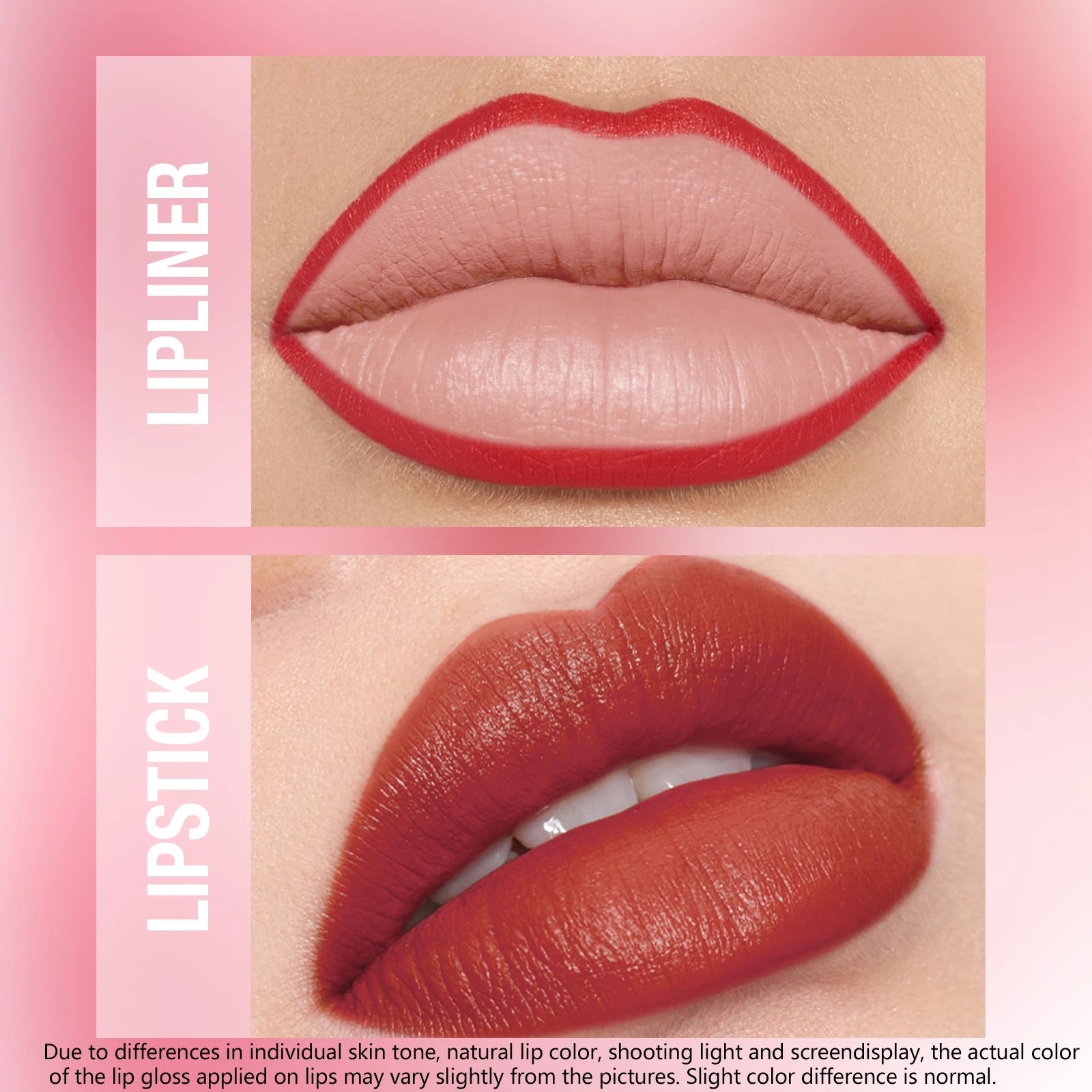 Integrated Waterproof Lipliner and Lipstick Set. Top: lips with red lipliner. Bottom: lips with red lipstick