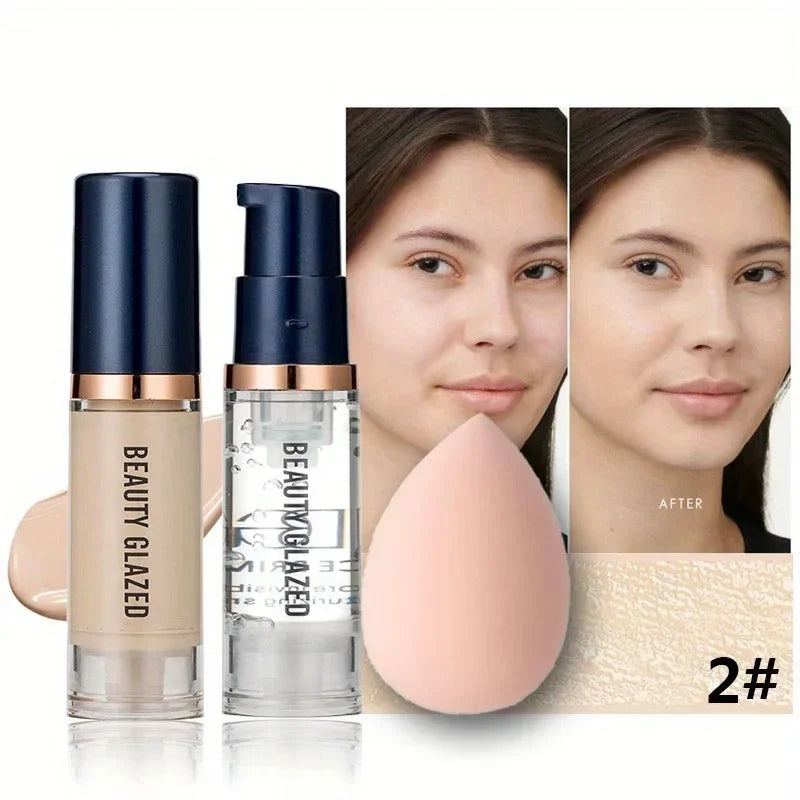Beauty Glazed 3-Piece Makeup Set – Matte Liquid Foundation, Primer & Puff
