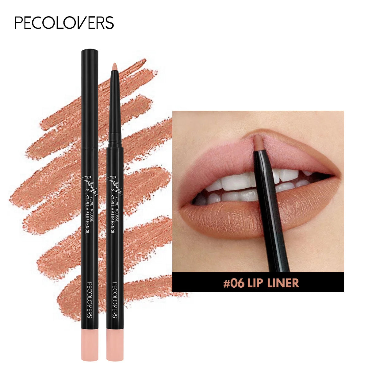 Waterproof matte lipliner pencil in red tint, showcasing a smooth application on a model's lips.