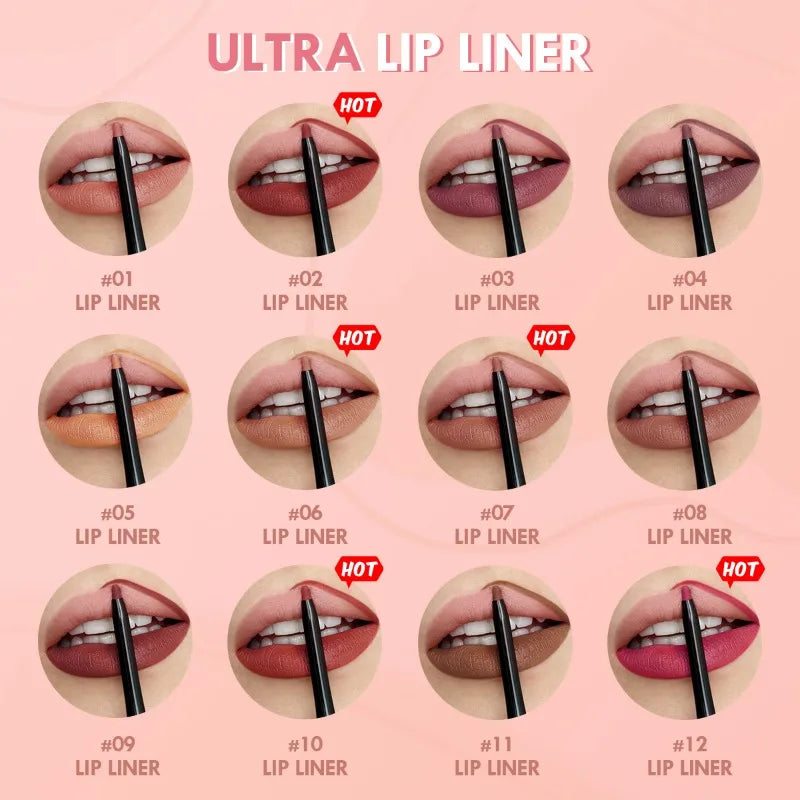 Waterproof matte lipliner pencil in red tint, showcasing various lip looks and application techniques.