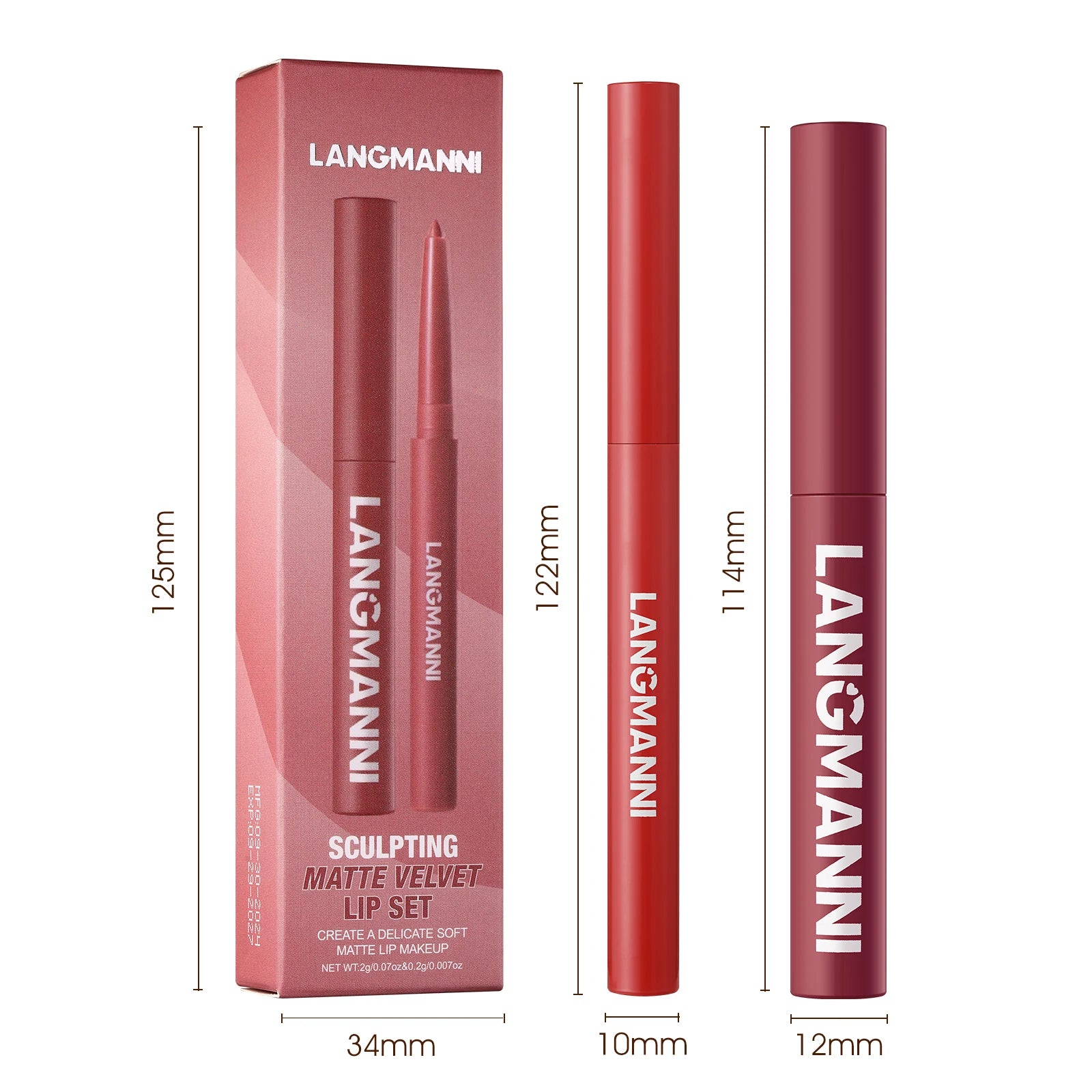 Integrated Waterproof Lipliner and Lipstick Set with dimensions