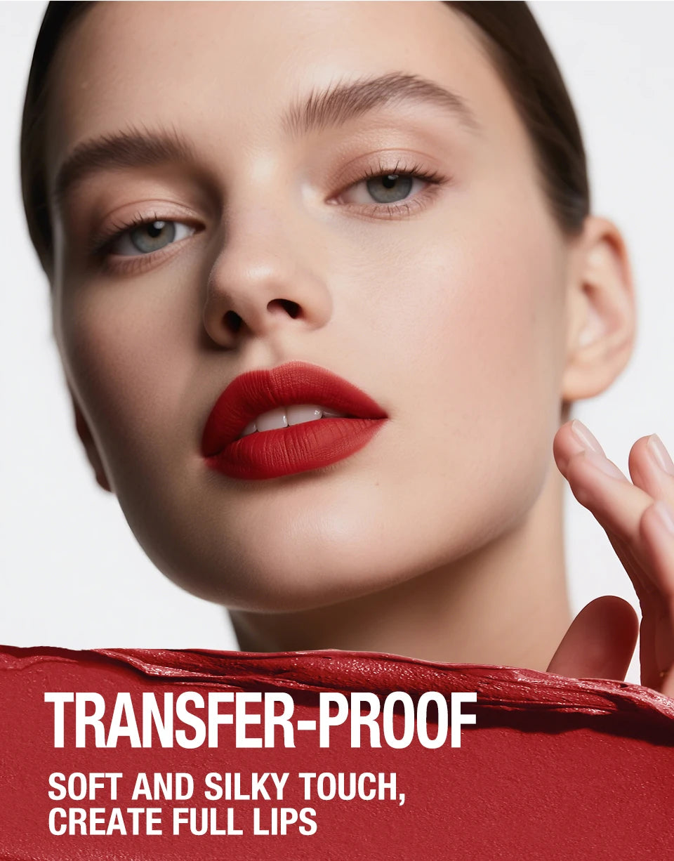Woman with red lipstick and a red lipstick swatch with text Transfer-Proof
