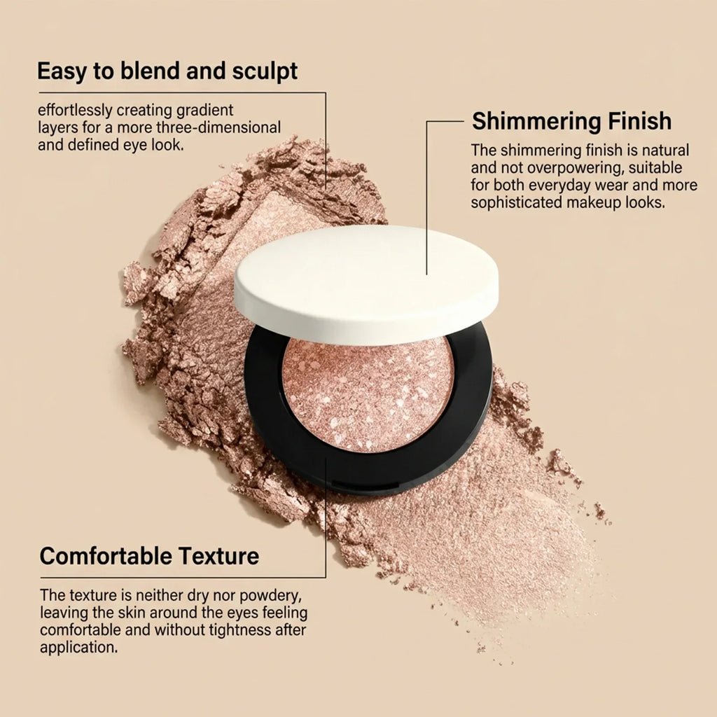Shining Eye Shadow Palette featuring a round compact with a shimmering rose gold shade and loose powder around it.