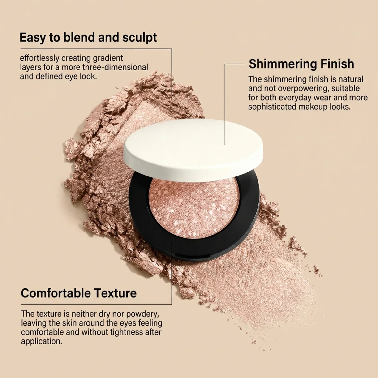Shining Eye Shadow Palette featuring a round compact with a shimmering rose gold shade and loose powder around it.