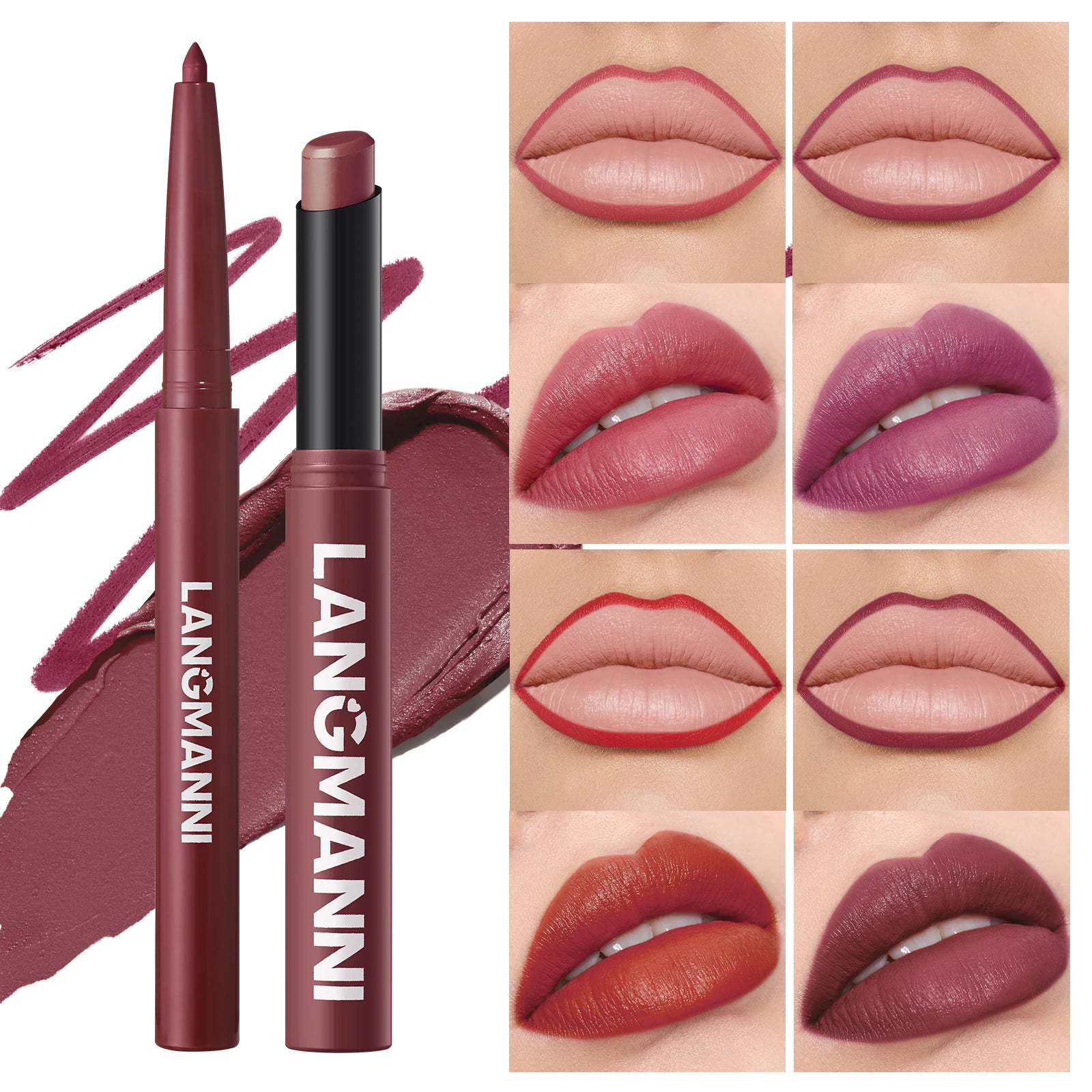 Integrated Waterproof Lipliner and Lipstick Set in various shades applied to lips