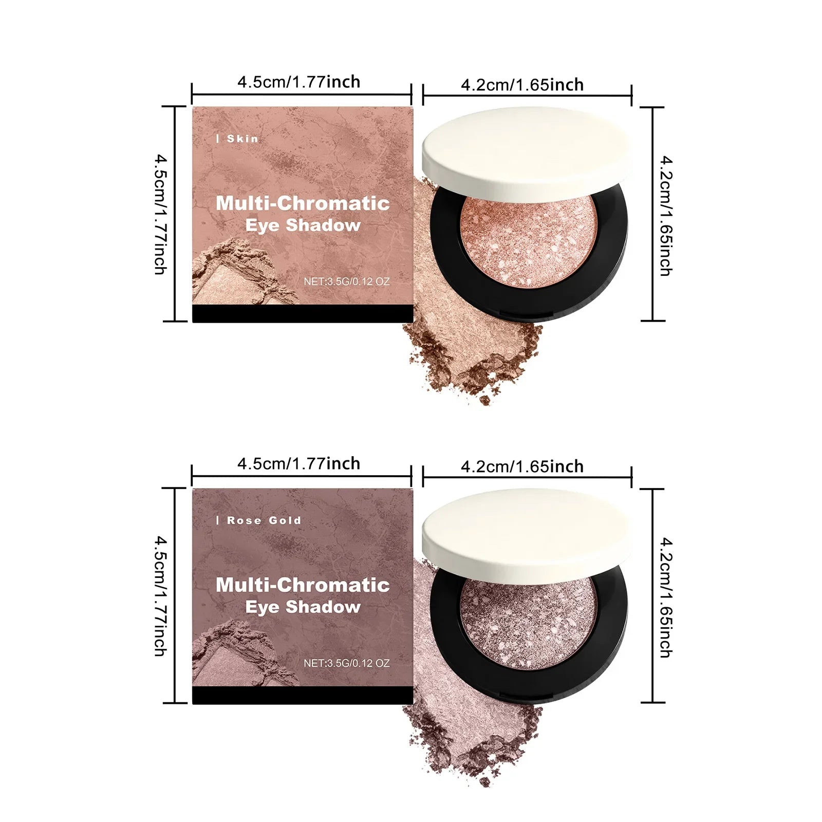 Shining eye shadow palette featuring matte and shimmer shades in rose gold and multi-chromatic colors.