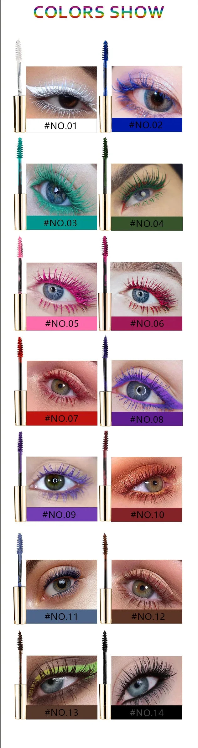 Color Mascara 14 Thick Curl Waterproof Non-smudding Natural Long Lasting Blue White Green Pink Black  Eye Makeup